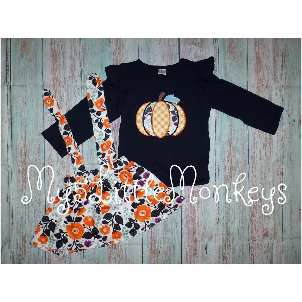Boutique Pumpkin Suspender Skirt Girls Outfit Set